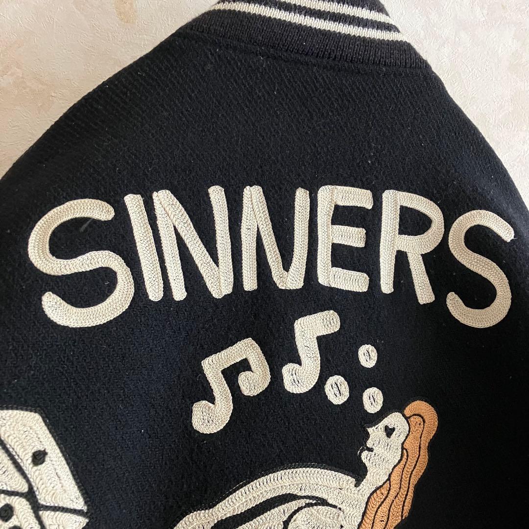 ジェラード 50's復刻 \"SINNERS\" チェーン刺繍 本革袖スタジャン 黒