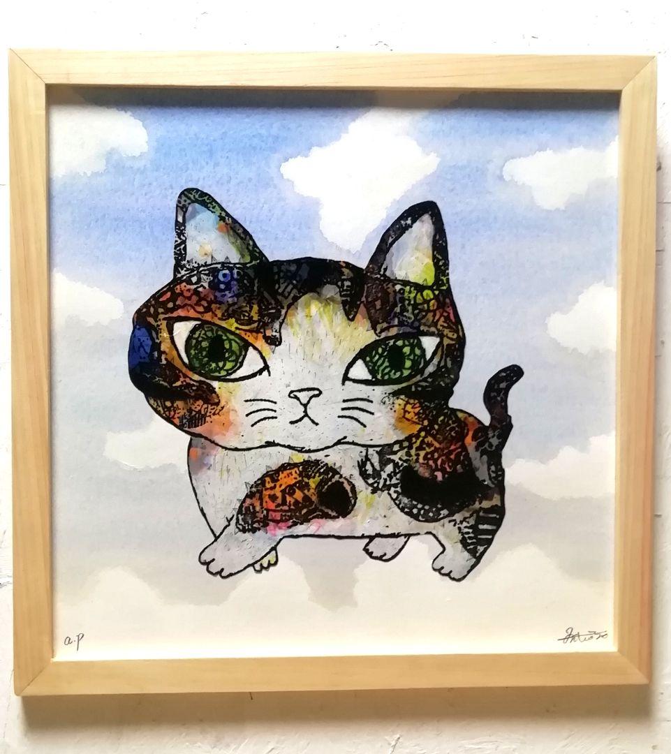額付き銅版画応用絵画 title「お通り猫 in sky」