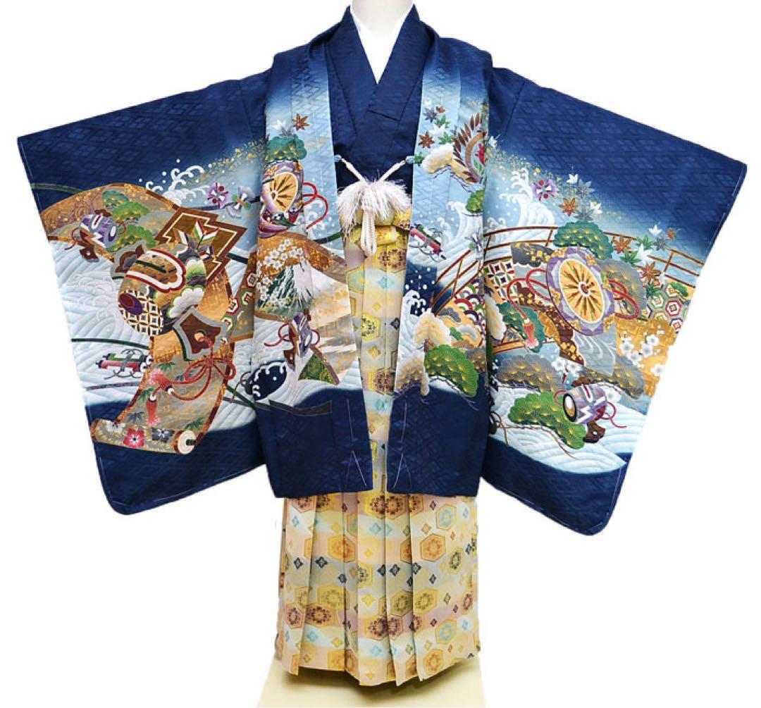 七五三 白色系 刺繍入り 鷹5歳男の子着物・羽織・袴セット6048【中古