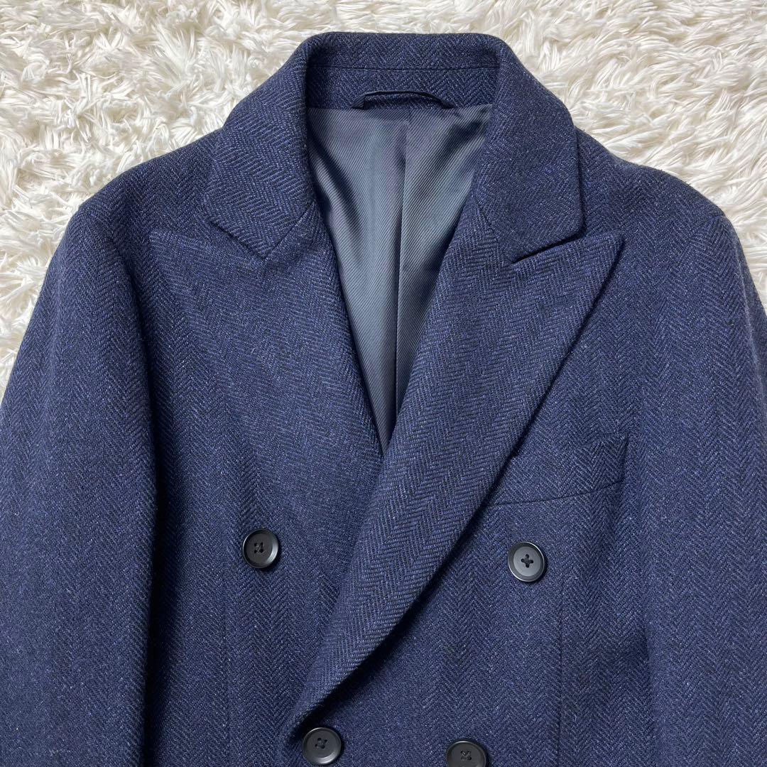 美品 スーツセレクト ダブルチェスターコート ヘリンボーン ネイビー S