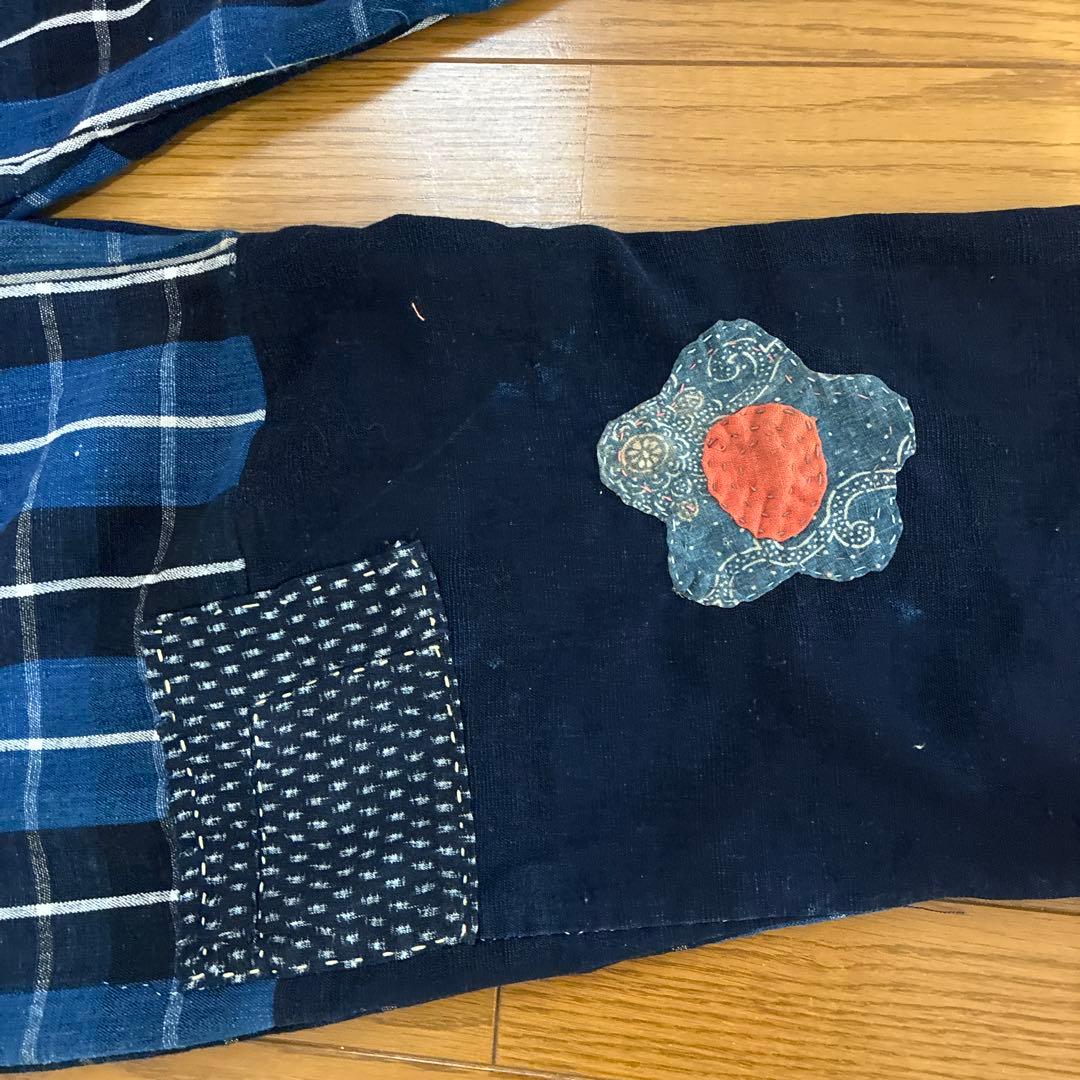 古布 ブルーの布団皮をメインにしたオンリーワン ダボパンツ