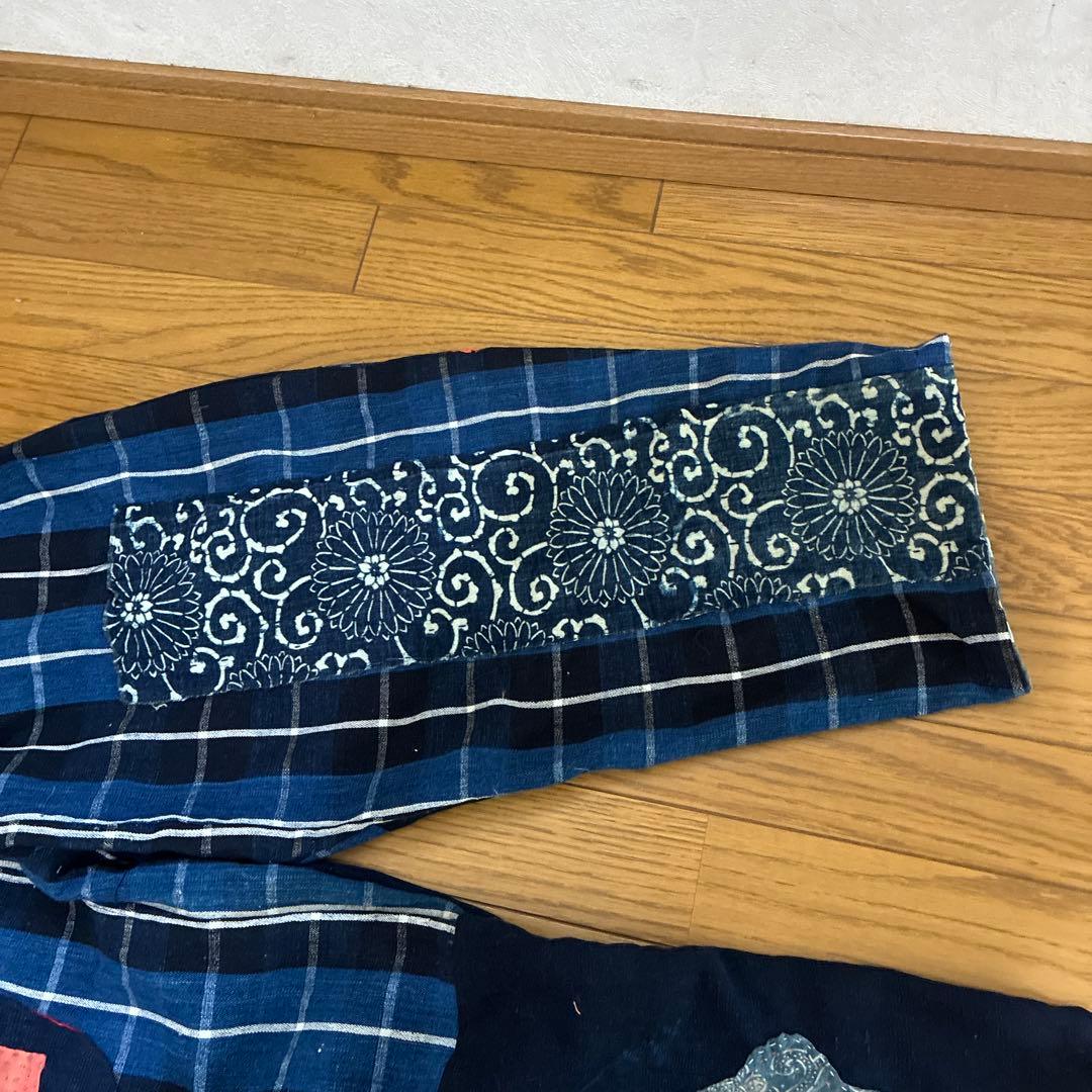 古布 ブルーの布団皮をメインにしたオンリーワン ダボパンツ