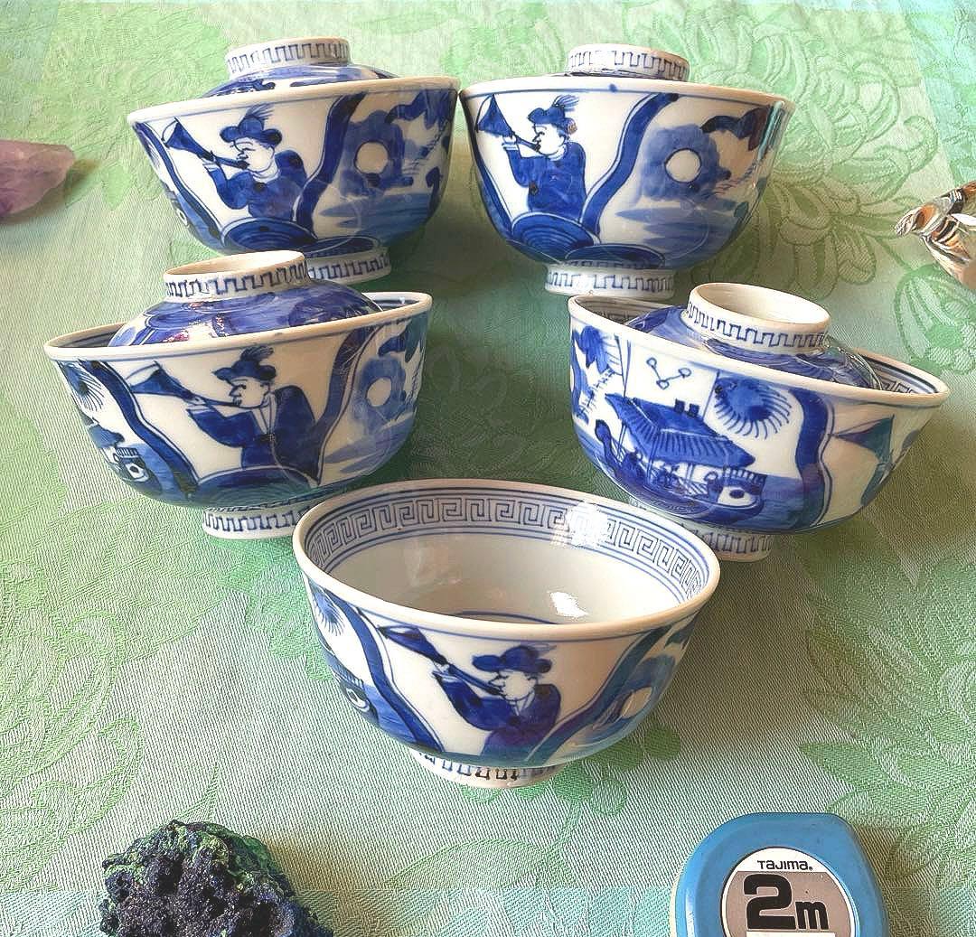 幕末明治　異人　外来船　蓋付きご飯茶碗　5客 アンティーク茶碗・蓋つき茶碗一覧｜江戸・明治・大正の美しい和食器特集