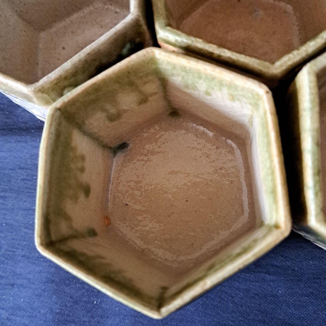 おしゃれな織部(おりべ)！」 織部焼 六角向付(幅7cm)5客セット 骨董