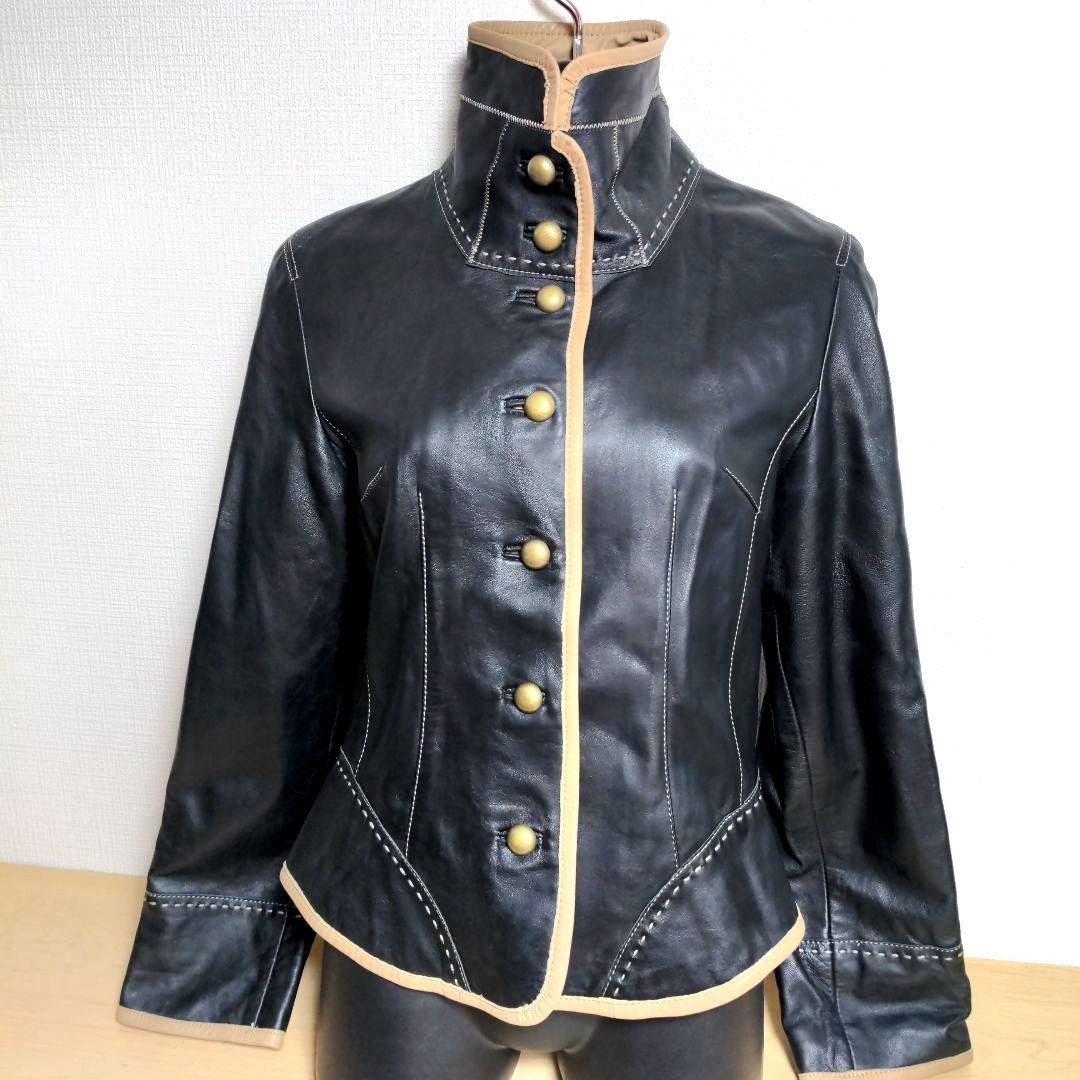 美品 BALMAIN ラムレザー 金ボタン 裏地 総柄 ロゴ ジャケット 9号
