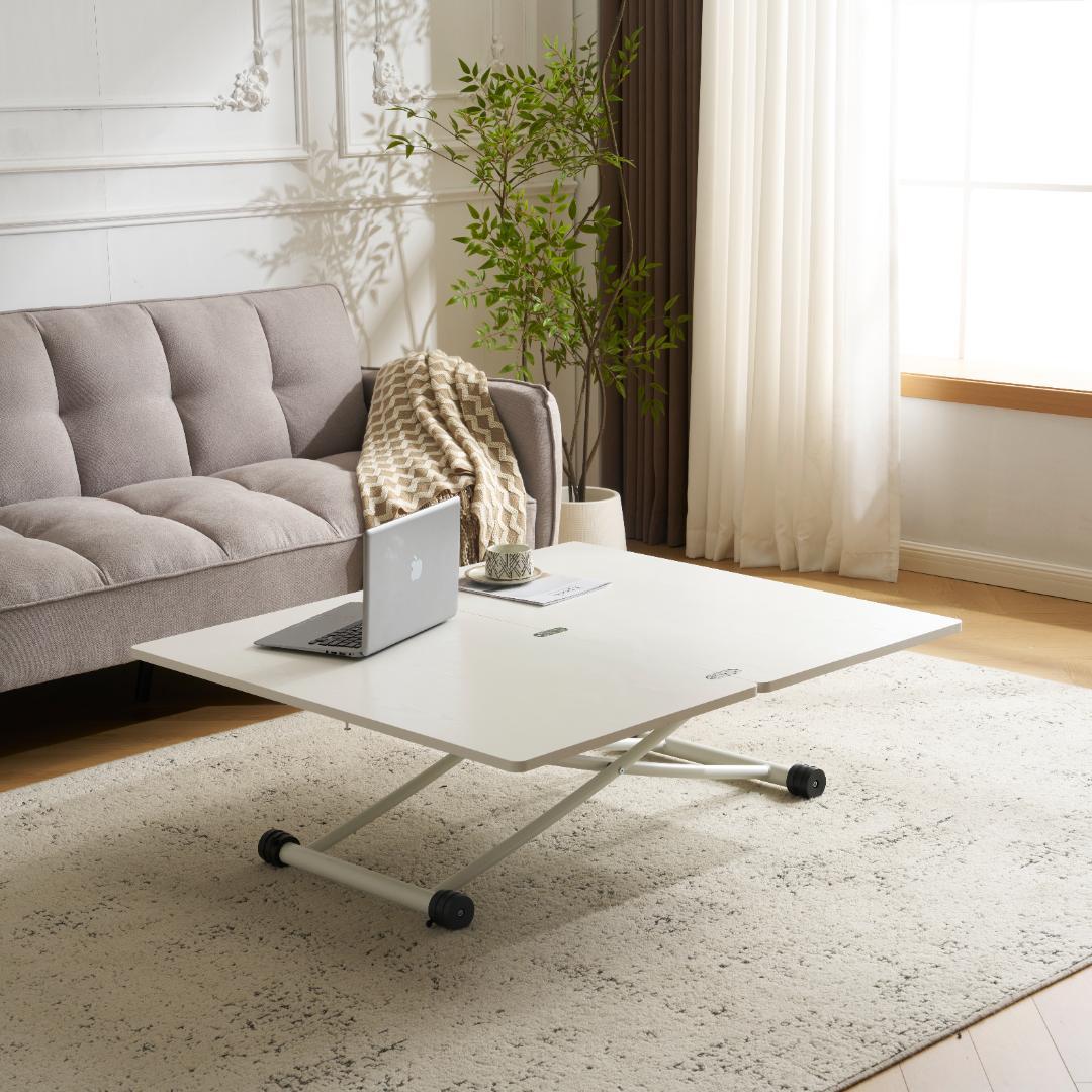 超人気！多用途テーブル 2倍に広がるガス圧昇降テーブル WHITE