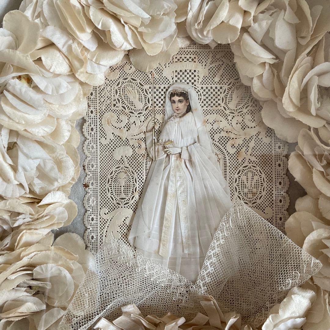 フランス アンティーク コミュニオン 布花 花冠 特大カニヴェ リボン