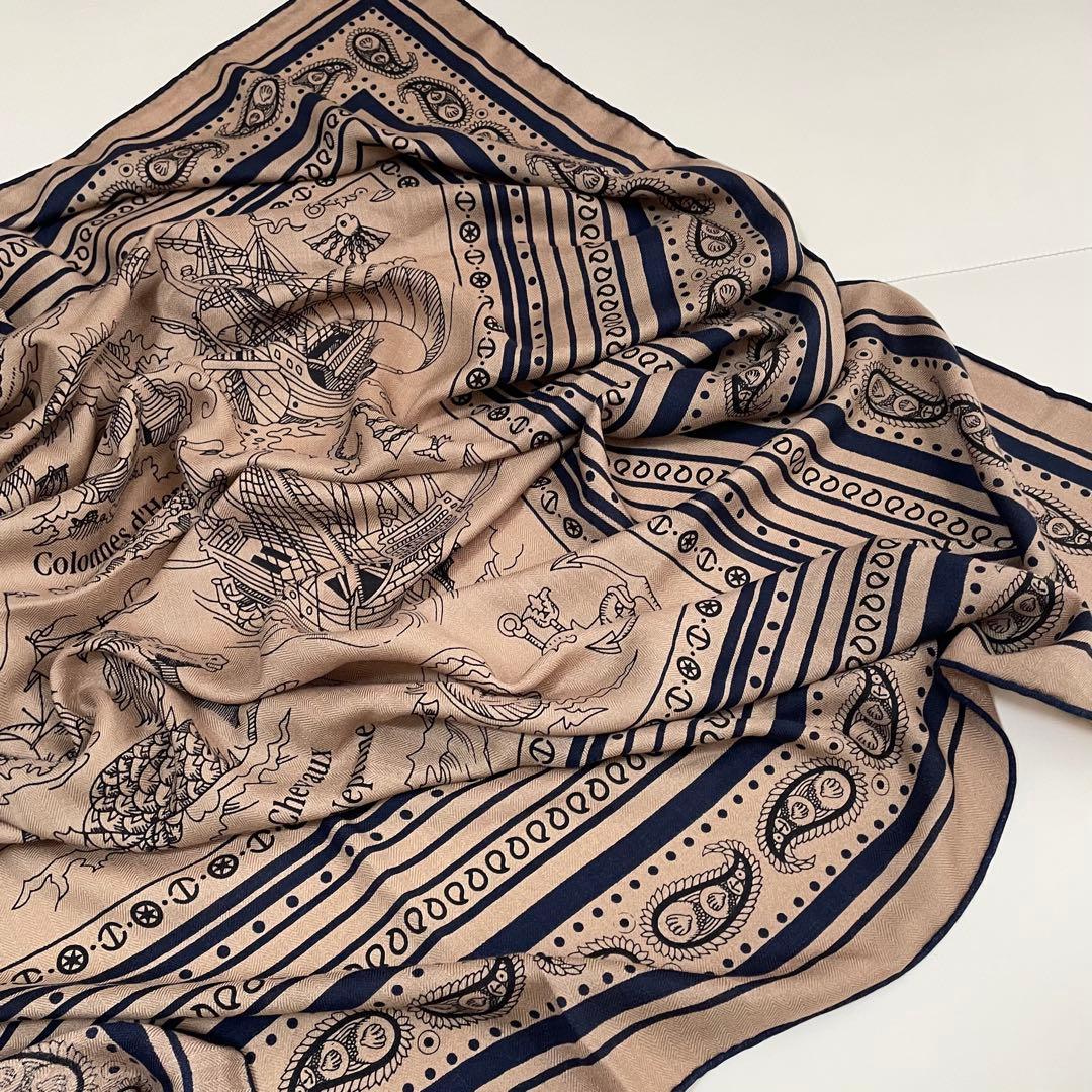 ブルー姉様】@H29 羊毛 シルク 大判ストール ブラウン バンダナ