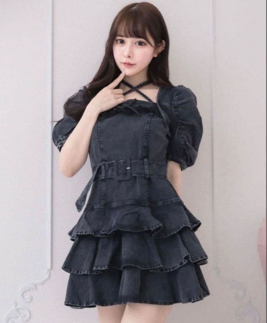 pium ティアードフリルミニワンピース 黒 ブラック デニム BLACK チョーカーフリルティアードワンピース – pium