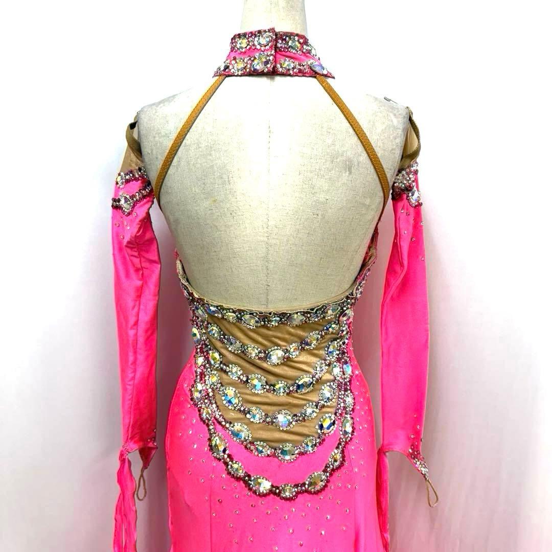 Y5697☆SM☆ピンク オーストリッチ スワロ スタンダードドレス☆社交ダンス