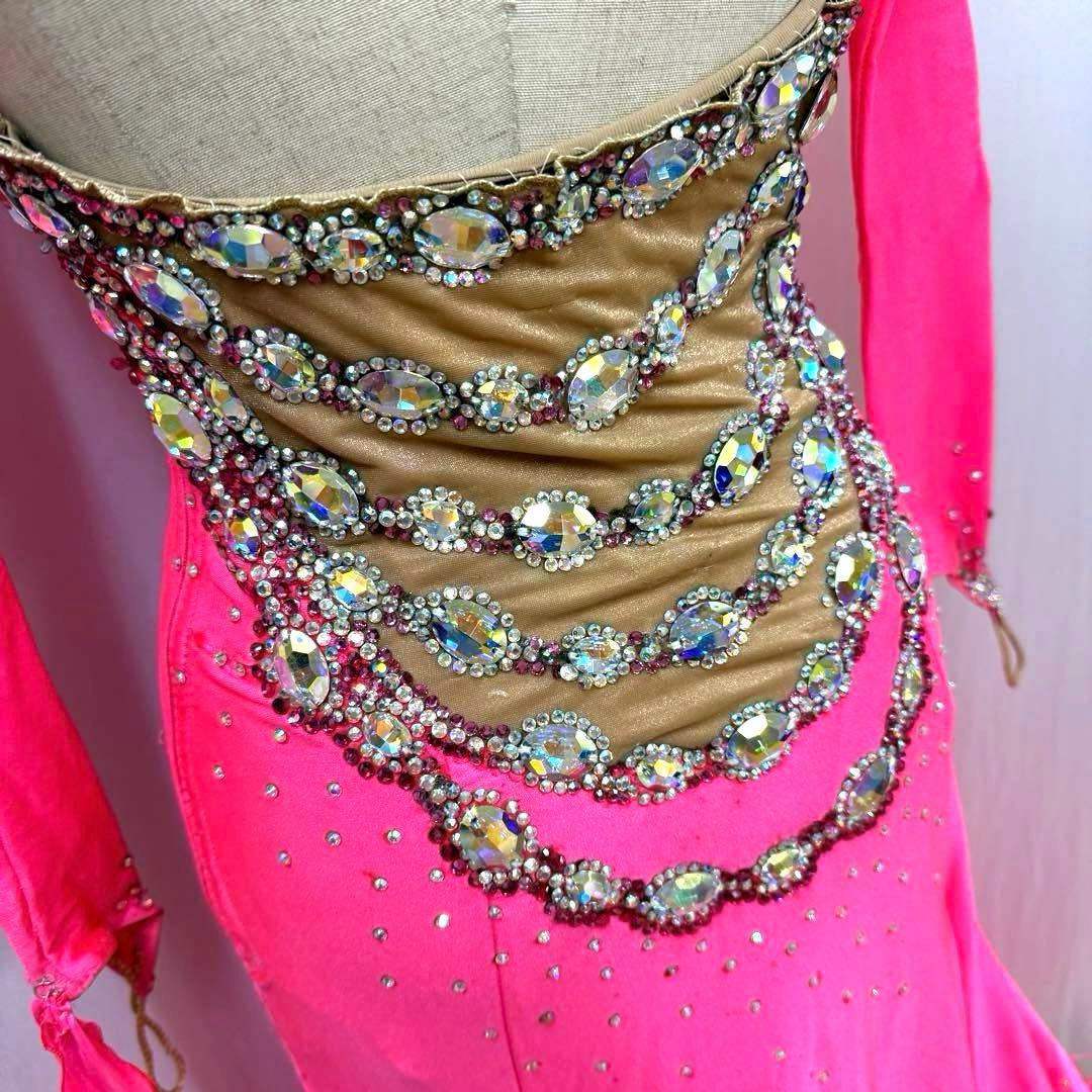 Y5697☆SM☆ピンク オーストリッチ スワロ スタンダードドレス☆社交ダンス