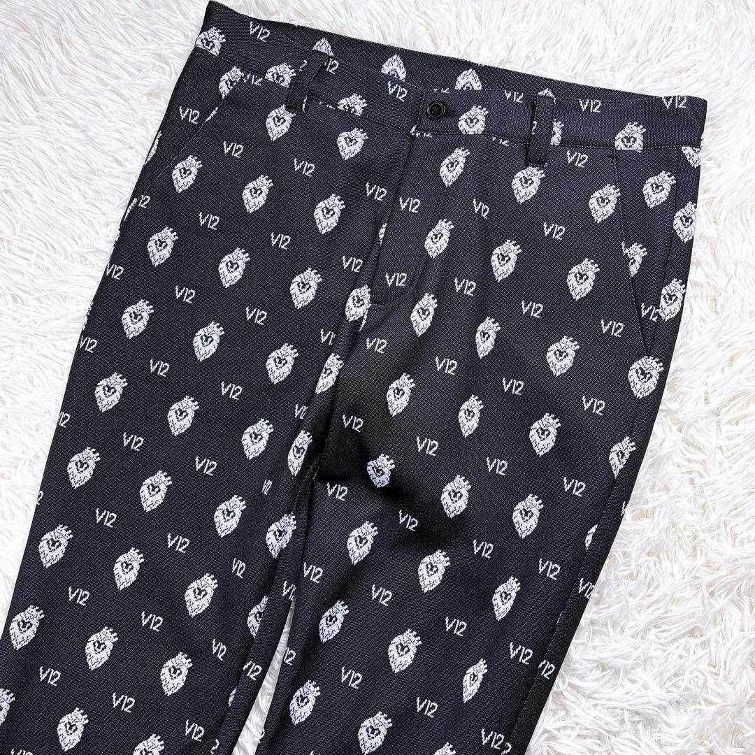 極美品☆サイズL】V12 V TWELVE ゴルフパンツ ロゴ総柄 黒 春