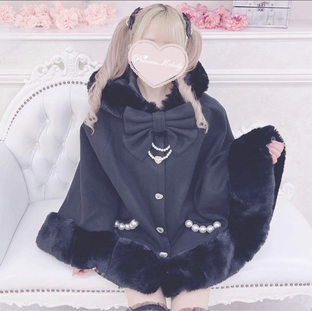 Mars リボン付きボリュームファーフードケープコート マーズ ポンチョ