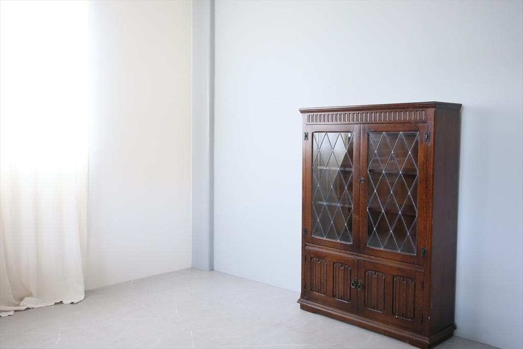 英国アンティーク木製ブックケースキャビネット/本棚/食器棚/飾り棚(91-27)