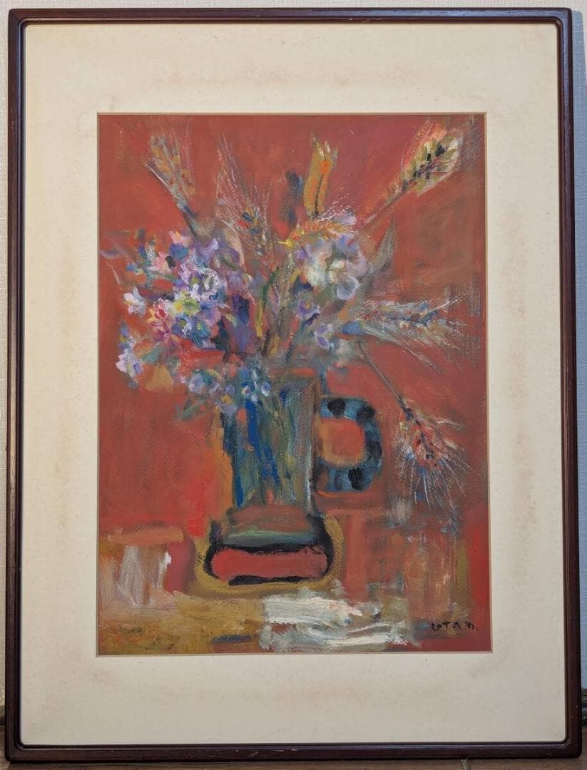 【真作】絵画　油彩10号　赤の静物　花と麦の彩り　深紅の背景に咲く命　Y30 真作】絵画 油彩10号 赤の静物 花と麦の彩り 深紅の背景に咲く命 Y30
