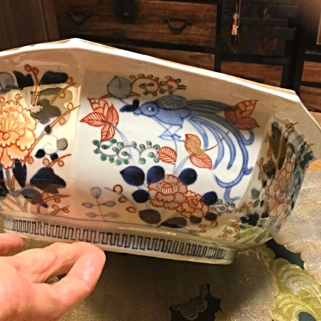 388 古伊万里 極上献上手 鳳凰 に花尽くし紋様 8角書き分け鉢 1
