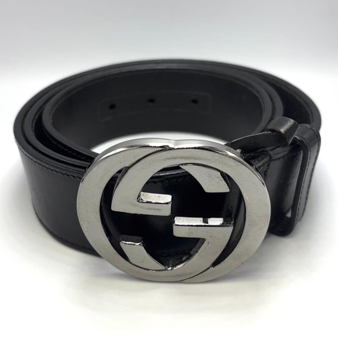 GUCCI インターロッキングG ベルト ブラック シルバー金具 レザー