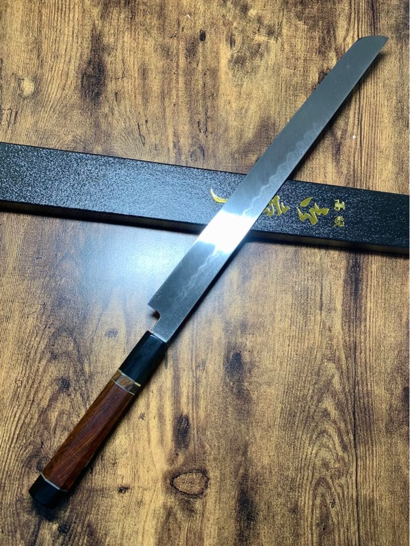 白木作蛸引 先丸包丁本焼白鋼鏡面尺一アイアンウッド水牛銀巻柄