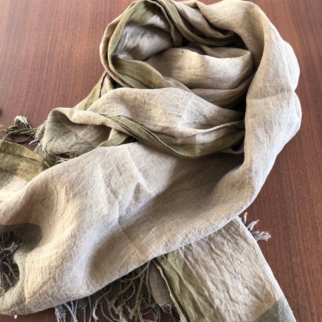 ヨーガンレールオリーブグリーン 茶系リネン ストール 大判 フリンジ