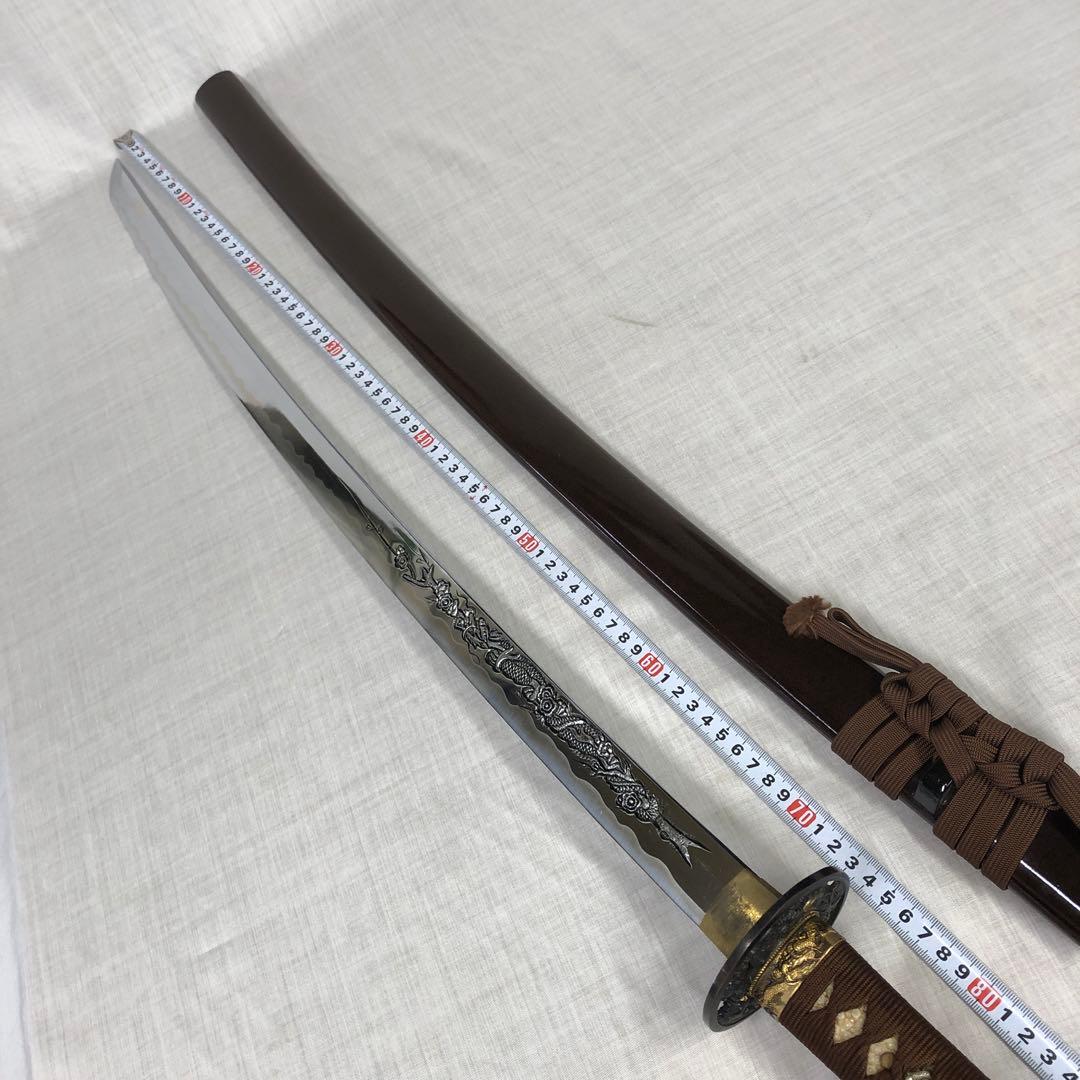 模造刀、美品 龍に梵字 茶色の柄 90cm 模造刀 龍 模造刀、