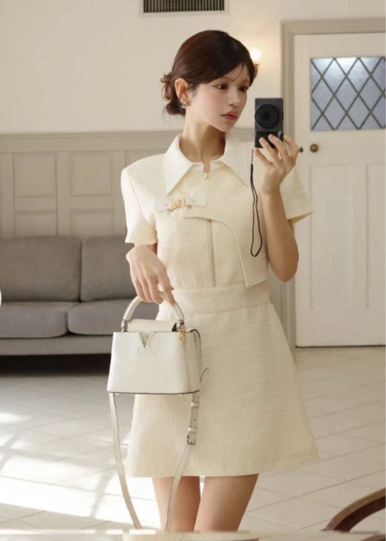 RANDY アシンメトリーツイードハーフスリーブドレス白 Sサイズ