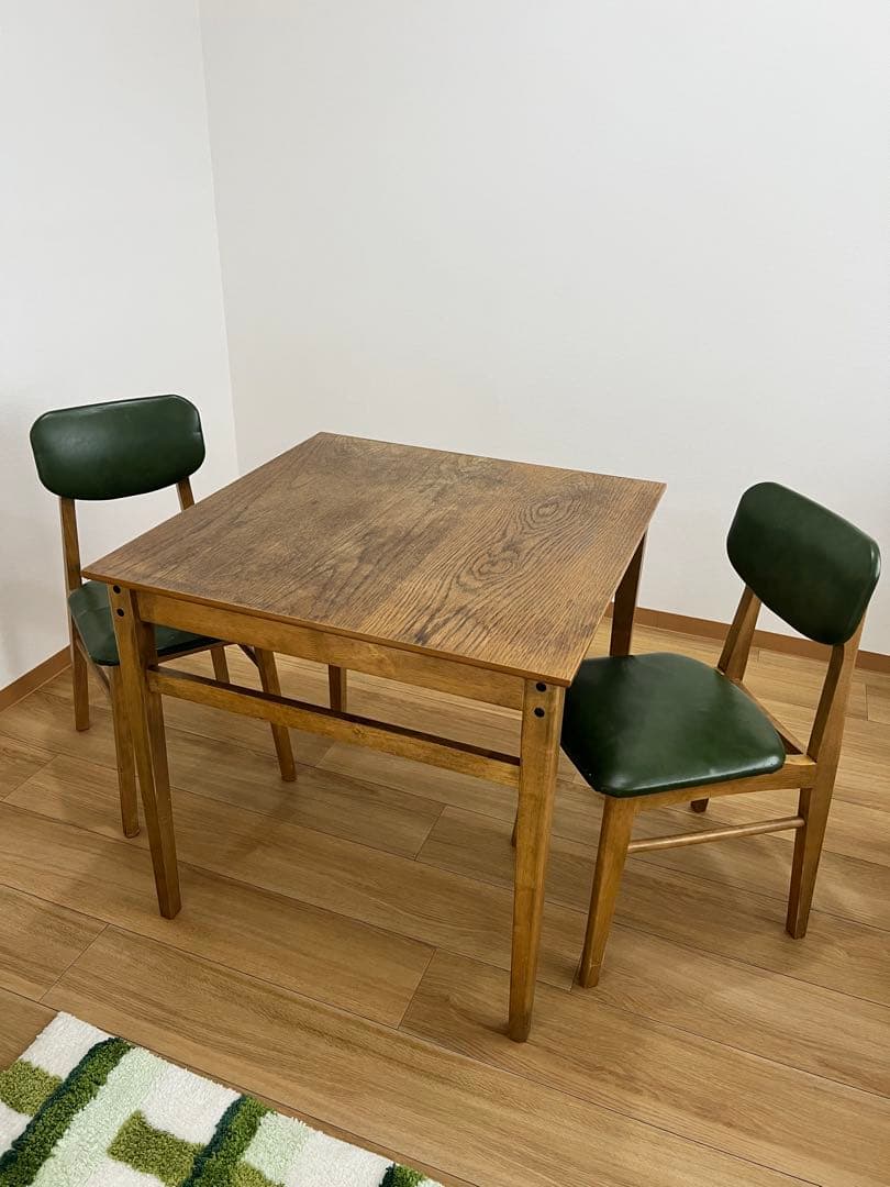木製ブラウンダイニングテーブルとグリーン椅子2脚セット ダイニングセット 4人用 ダイニングテーブル 椅子 2脚 ベンチ グレー