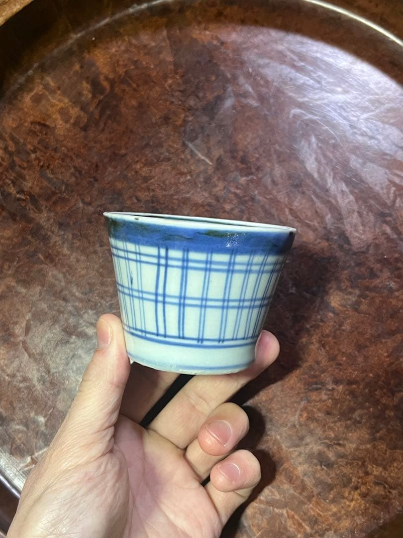 珍品　古伊万里　瑠璃　格子文　蕎麦猪口　そば猪口　民藝　民芸　くらわんか 蕎麦猪口 古伊万里 民芸 民藝 くらわんか ぐい呑 酒器 瀬戸 古伊万里