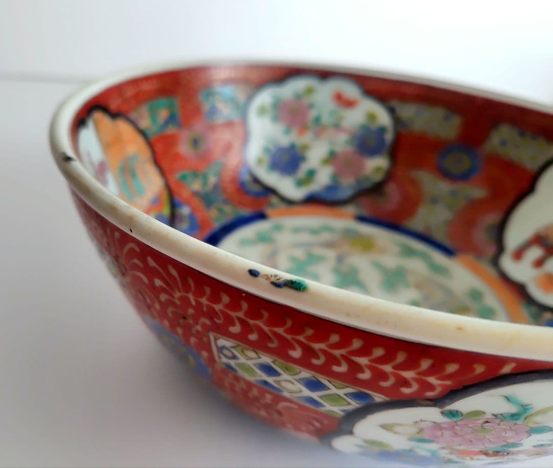 古伊万里 大鉢 赤絵花鳥 直径約24.4cm 二重高台 幕末明治〜