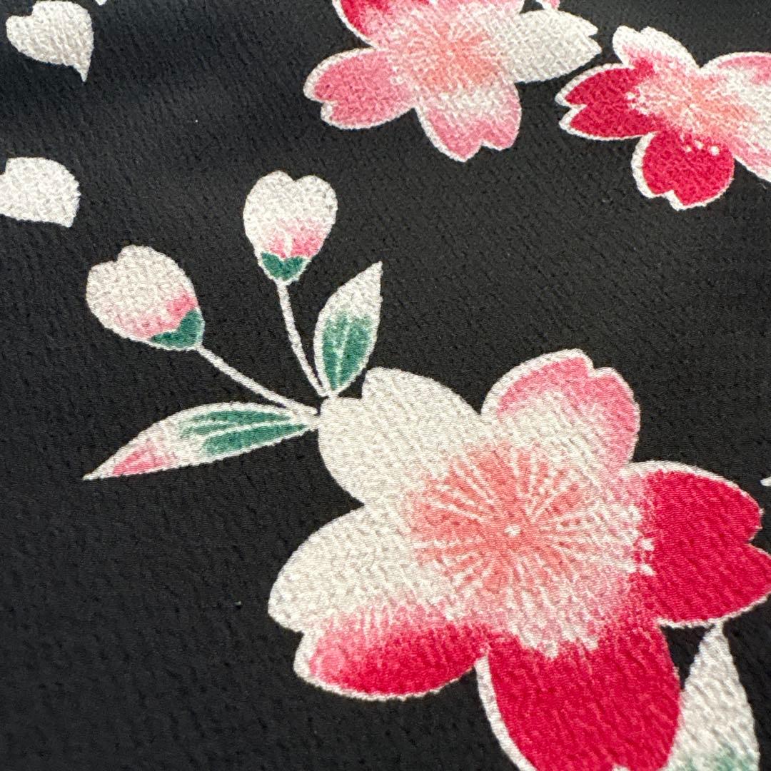 127 R・K 黒×桜 ちりめん 7歳 七五三着物セット 和装小物 結び帯