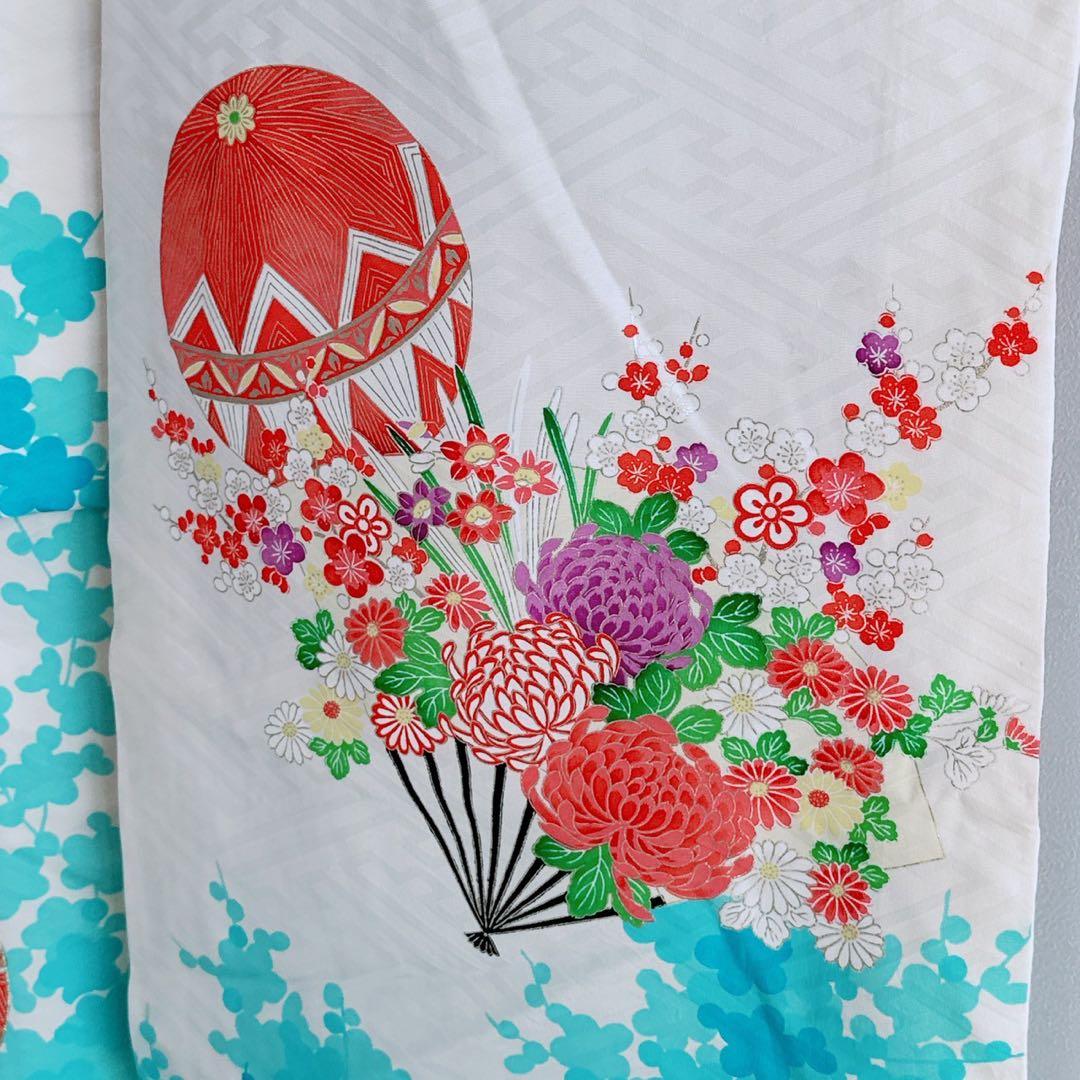 フルセット 七五三 7歳女の子 水色白 花扇 毬 白系袋帯 簡単半衿