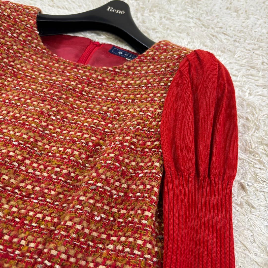 エムズグレイシー ミックスツイード リボン ノーカラー 膝丈ワンピース