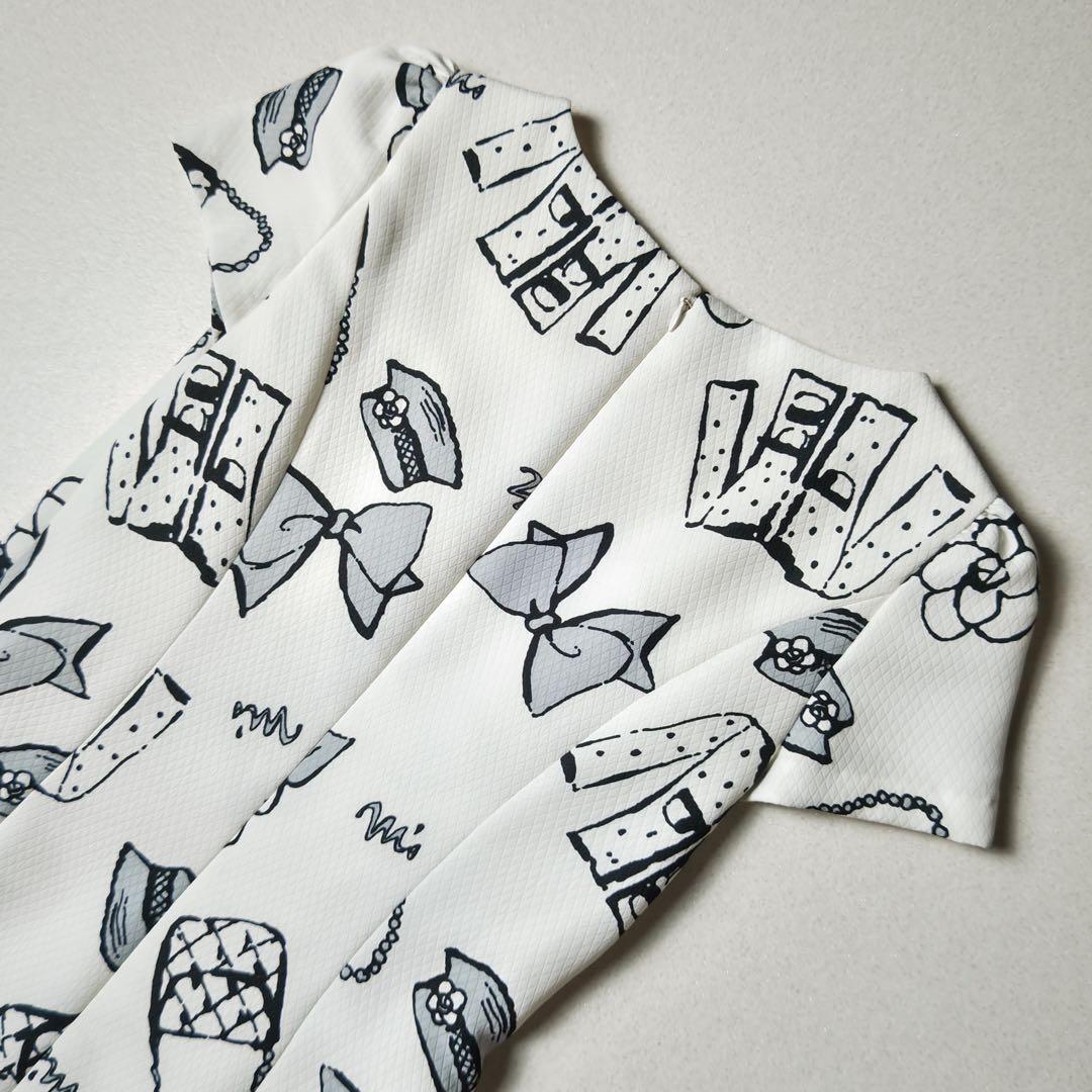 エムズグレイシー ワンピース 総柄 白 カメリア リボン フレア Aライン