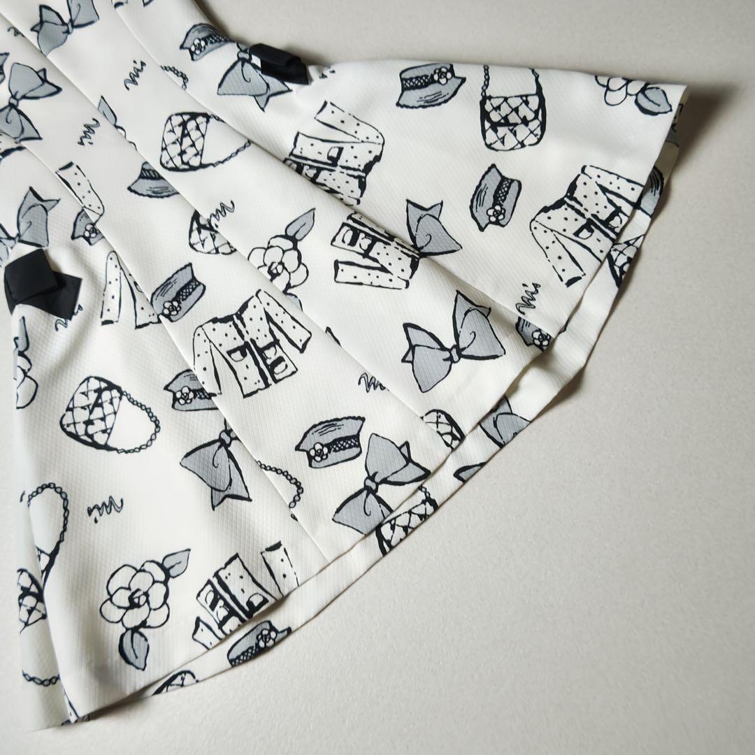 エムズグレイシー ワンピース 総柄 白 カメリア リボン フレア Aライン