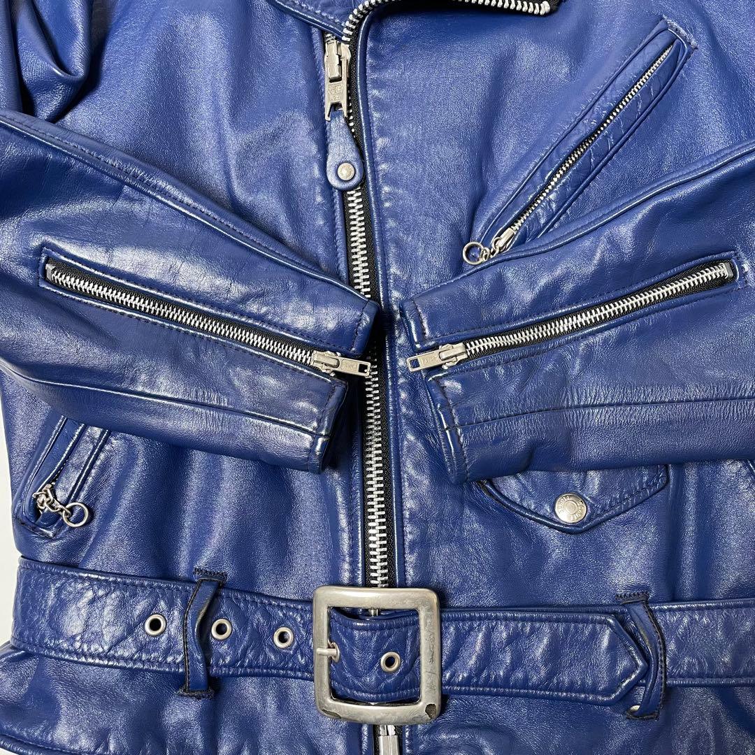 希少】米国製 Schott レザー ライダースジャケット 青 ダブル 36