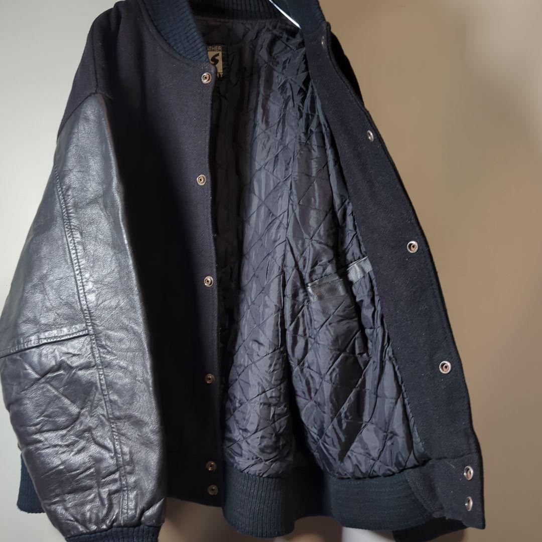 《企業物》入手困難　袖レザー スタジャン 古着　刺繍　バックロゴ　太アーム　ｌ