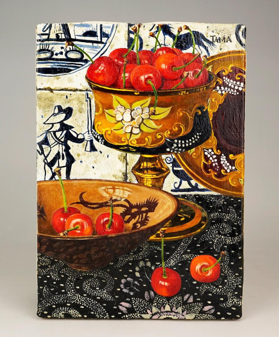 玉之内満雄　1994年作　「デルフトタイルの前のさくらんぼ」　油絵　真作保証 玉之内満雄 1994年作 「デルフトタイルの前のさくらんぼ」 油絵 真作