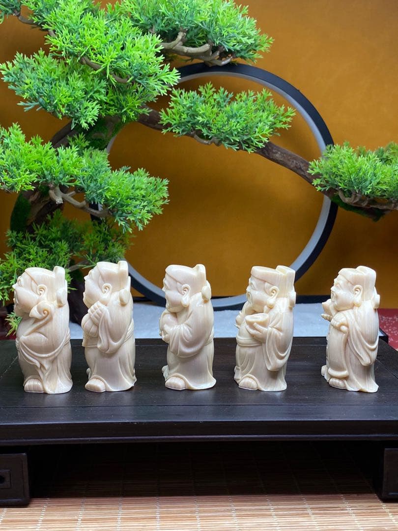 天然マンモス牙美しい手作り彫刻五路財神·五福臨門置物