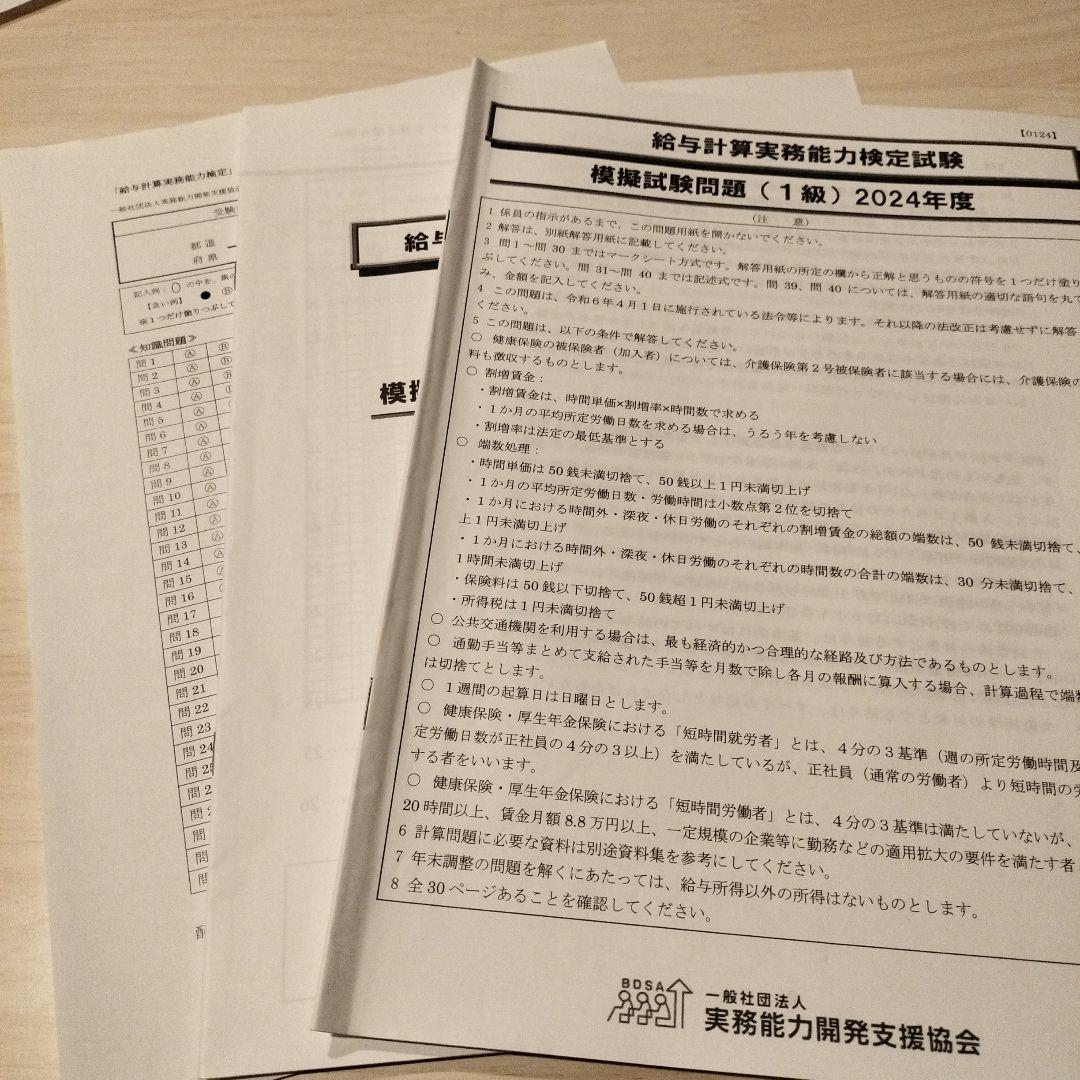 解答なし】2024年度1級給与計算実務能力検定試験 模擬試験問題集
