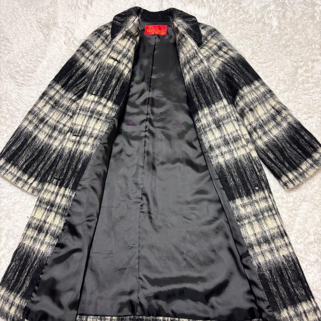 Yorkland モヘア シャギー ウール チェック ロング コート ブラック