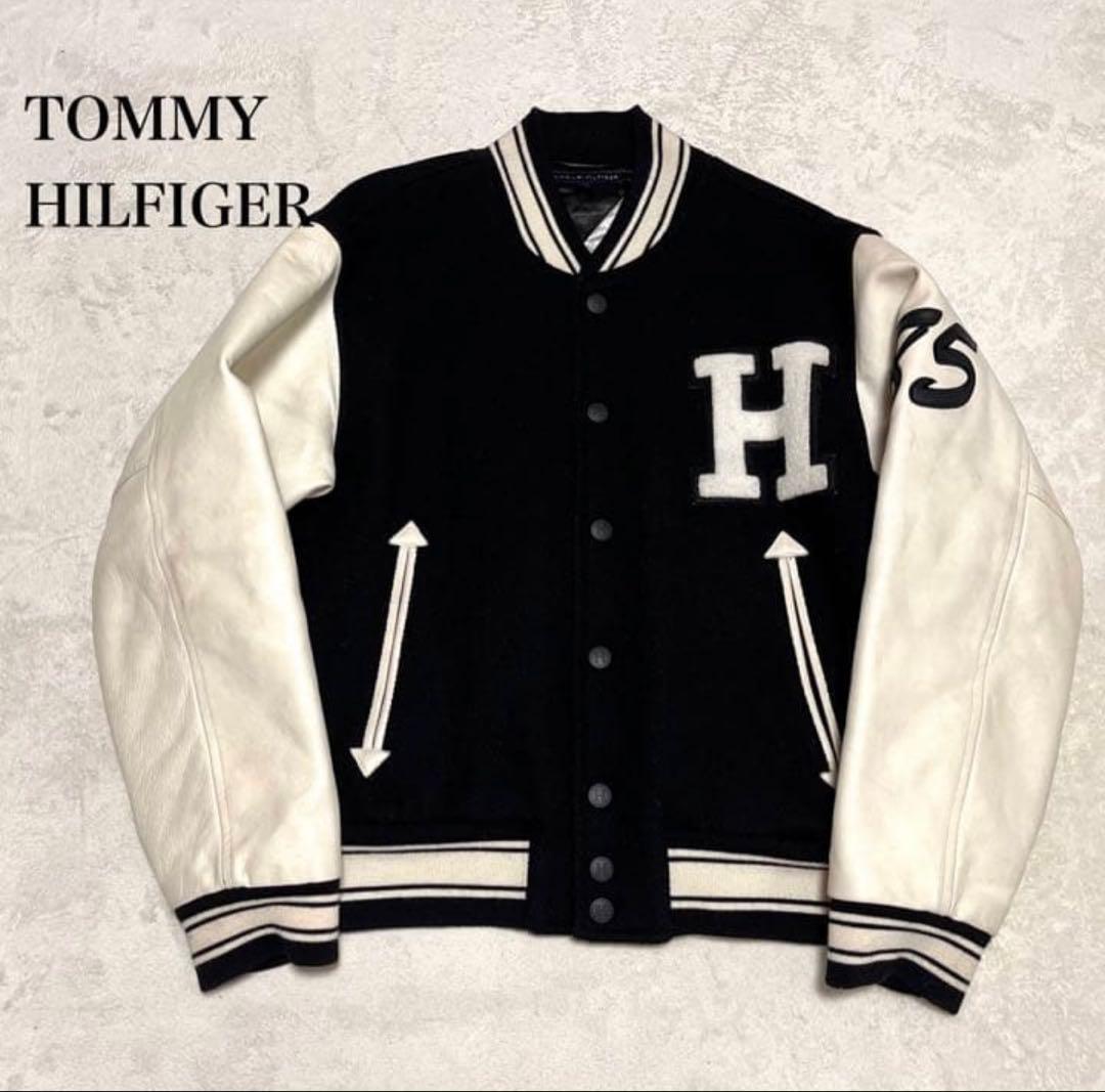   トミーヒルフィガー　スタジャン　袖レザー トミー ヒルフィガー スタジャン袖・他各合皮パーツ作り変え：傷んだ合