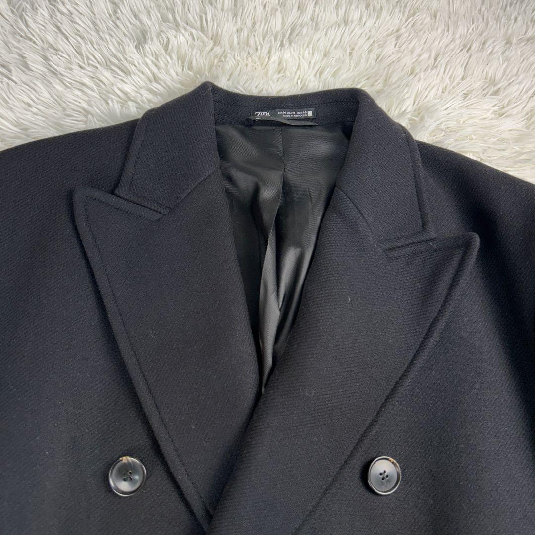 美品・着丈118】ZARA ウールチェスターコート L ダブルブレスト 黒