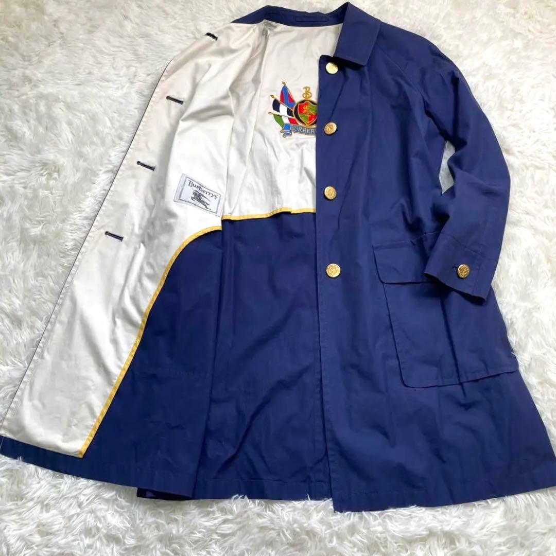 希少90s Burberrysステンカラーコート 金ボタン ロゴ刺繍 ネイビー