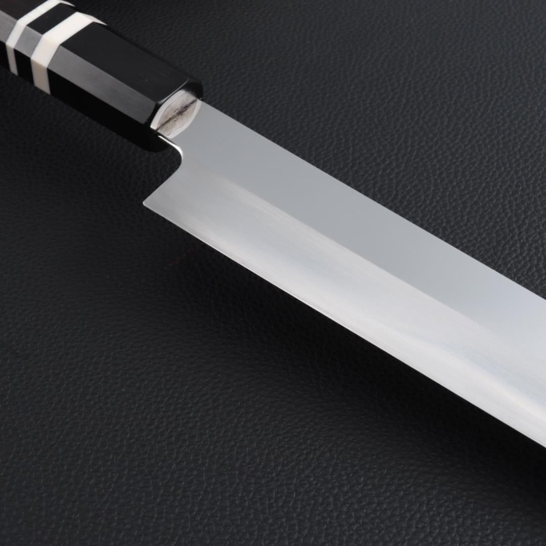 8611 世界一薄い 鏡面仕上げ 極薄柳刃包丁 尺 黒檀黒水牛角白三本巻