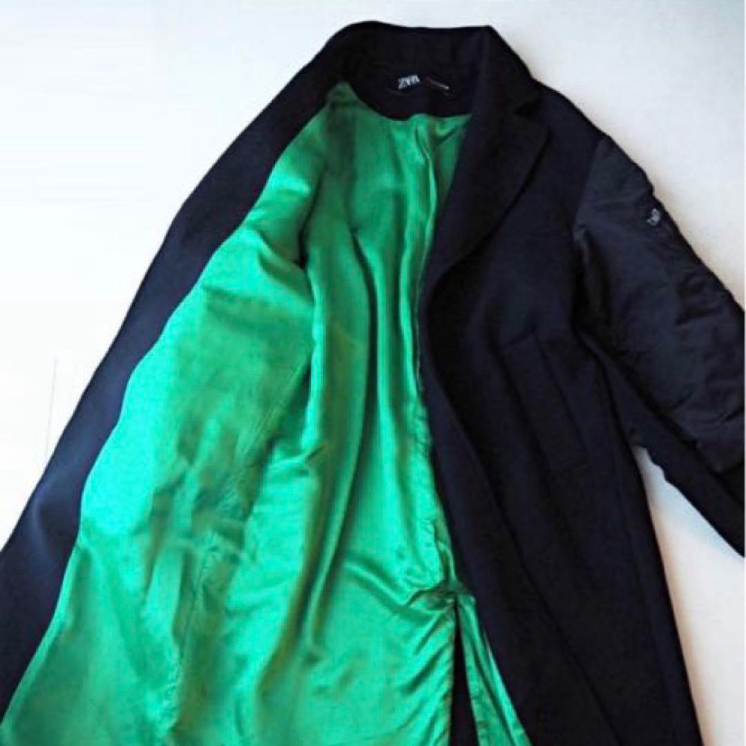 美品】ZARA マッチングボンバーコート 紺 マキシ丈 袖切替 異素材