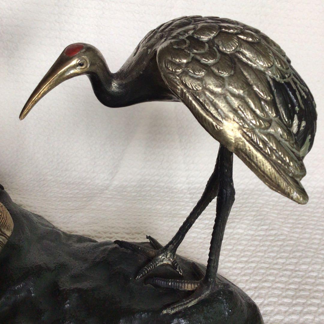 美品]鶴亀置物 骨董品 縁起物 岩上に鶴亀 古銅色分け青銅 美術工芸品