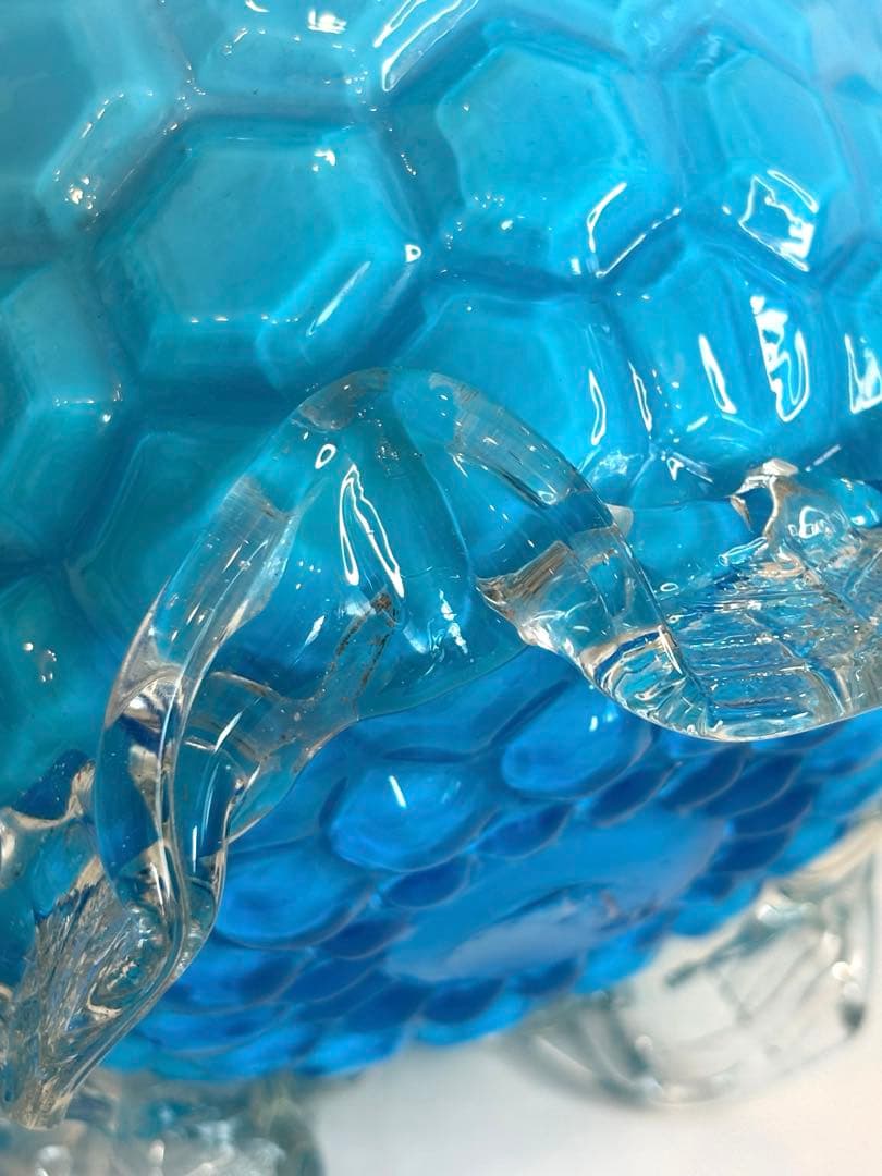 昔ガラス アンティーク 花縁 フリル 亀甲紋様 ガラス コンポート ブルー