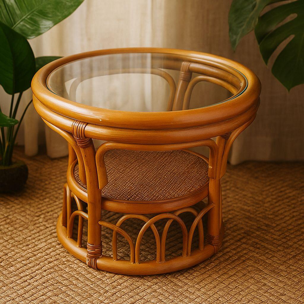 【良品】ヴィンテージ ラタン サイドテーブル ガラス ラタンガラス テーブル 40cm幅 ガラステーブル サイドテーブル 籐家具