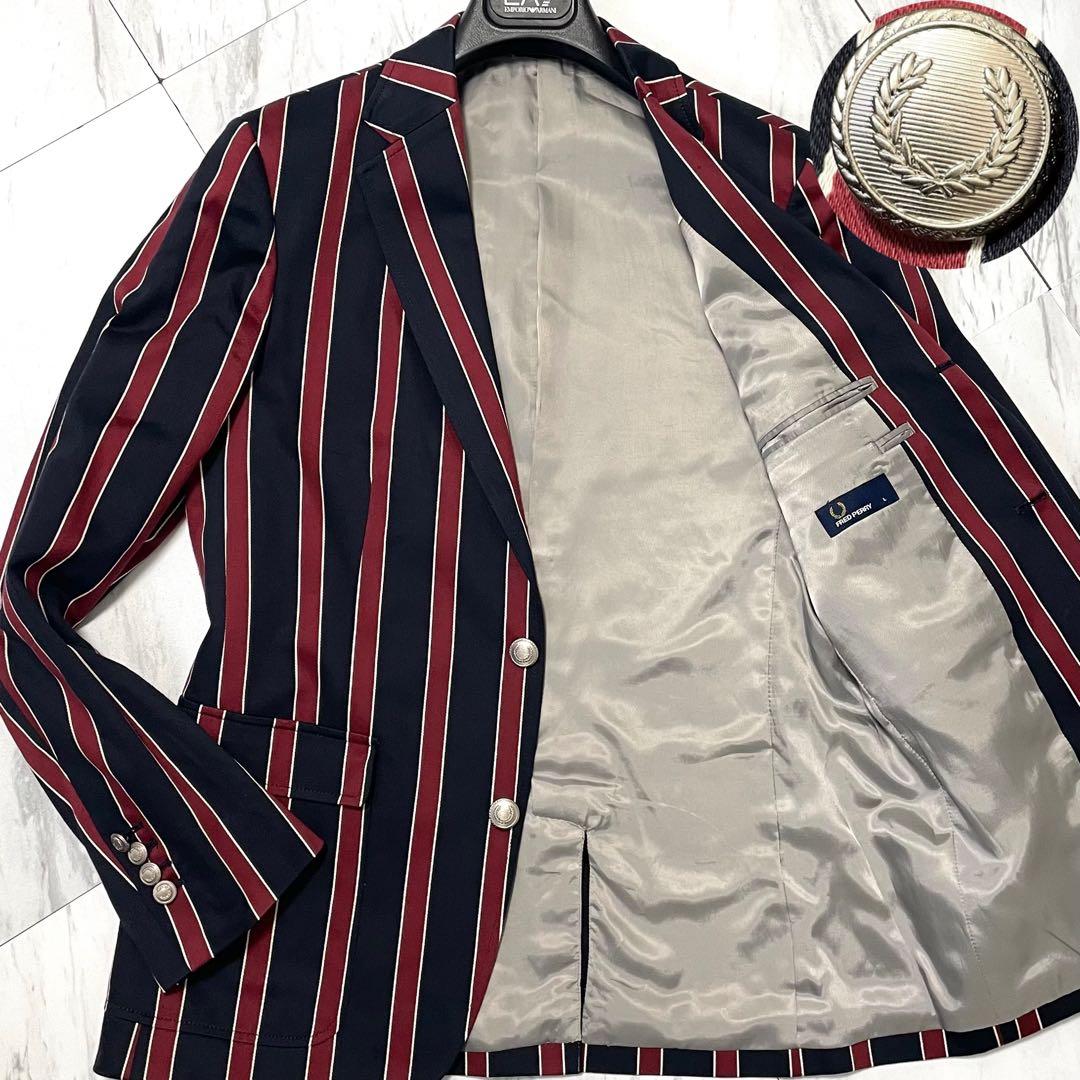 極美品 希少L⭐️フレッドペリー テーラードジャケット 銀ボタン 太ストライプ 極美品 希少L⭐️フレッドペリー テーラードジャケット 銀ボタン 太
