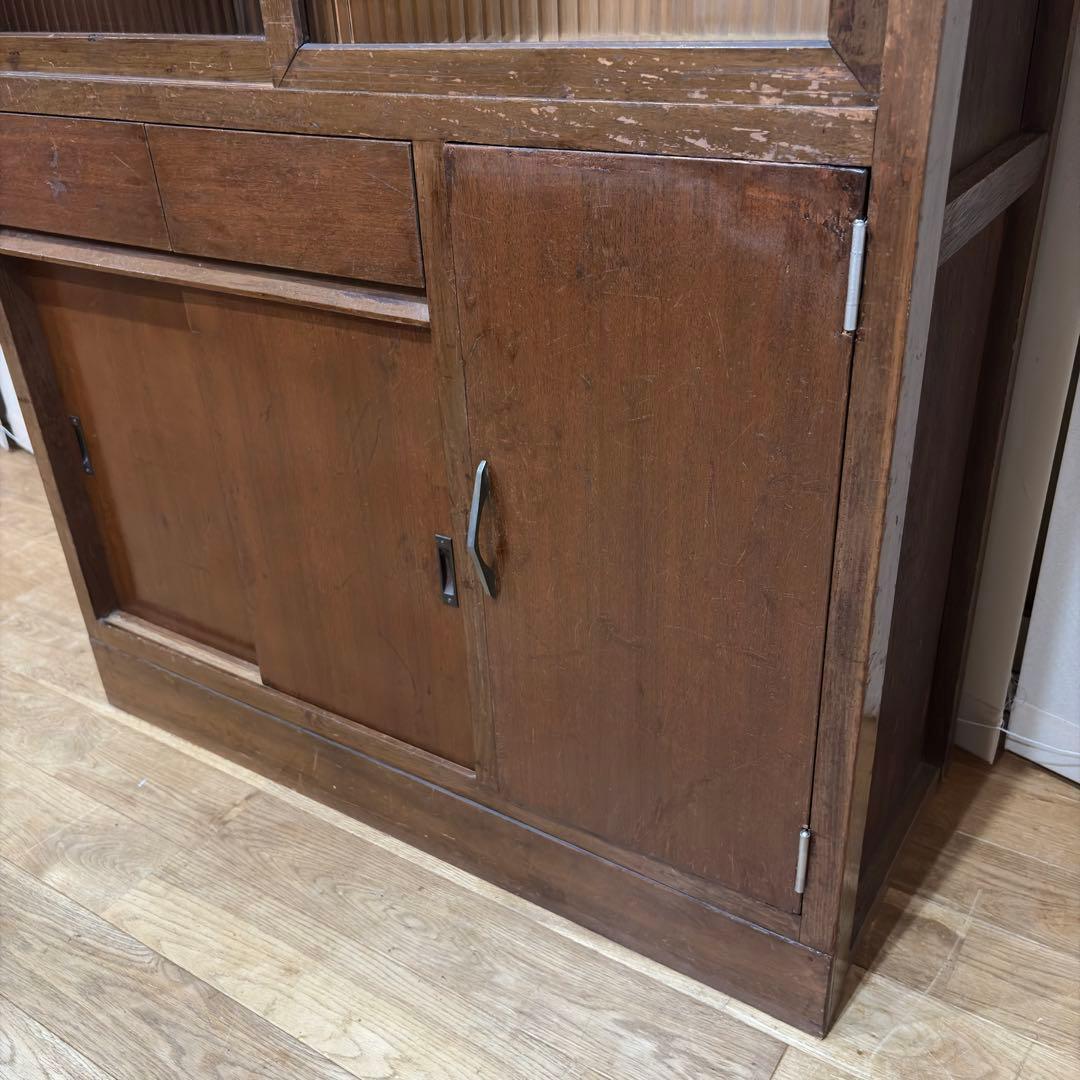 昭和 レトロ 戸棚 モールガラス 食器棚 本棚 アンティーク 当時物 水屋