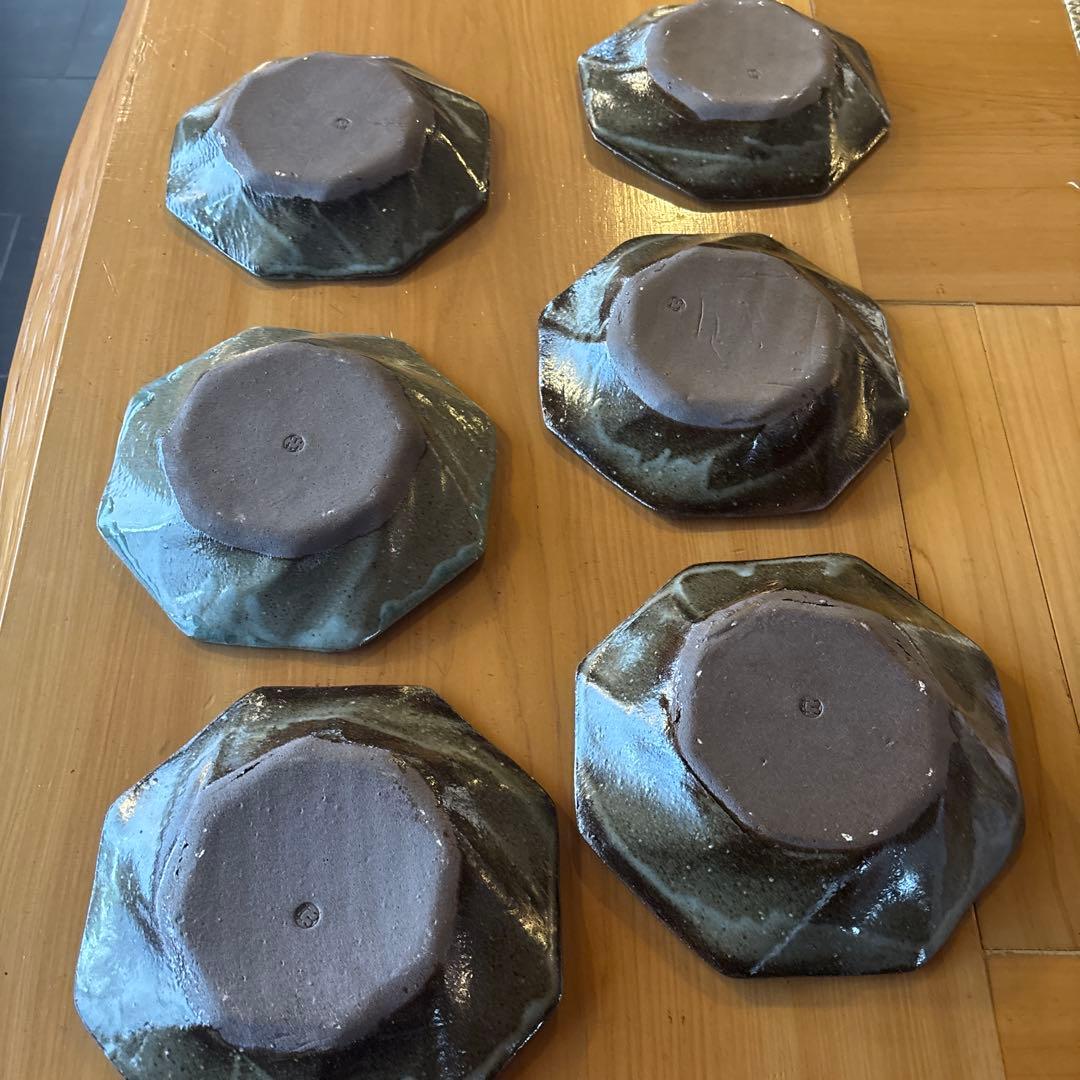 八角形皿 丹波立杭焼 青緑ガラス釉 6枚セット 丹山
